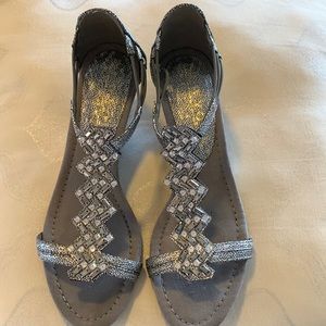 NEW YORK TRANSIT worn once! Silver/ black wedge sandals size 8 1/2 M